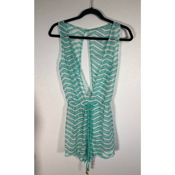 Luli Fama Aqua and White Chevron Deep V Open Back Romper - M - Picture 2 of 6